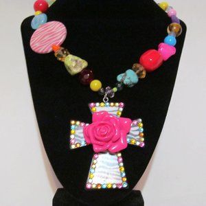 Cool style necklace large cross rose faux beads
